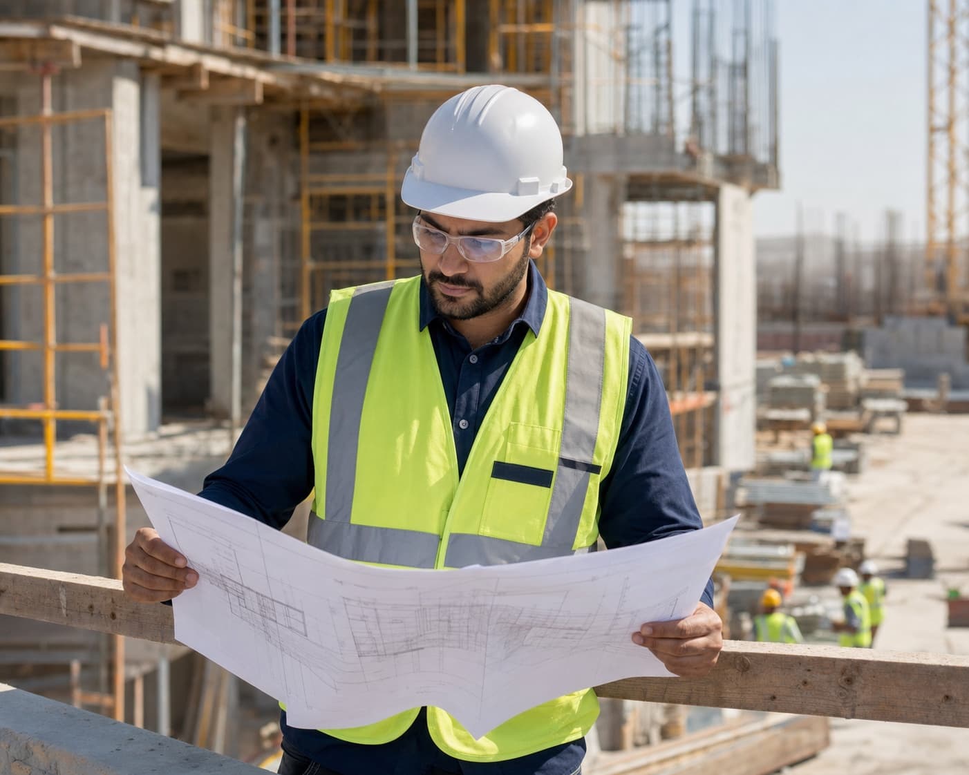 مشرف إنشاءات يراجع المخططات الهندسية في موقع بناء سعودي