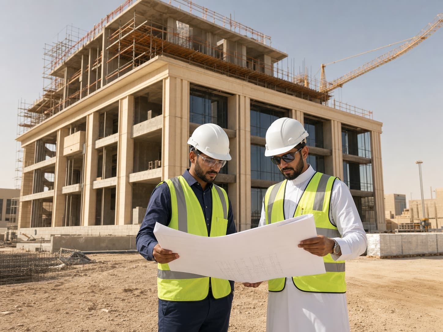 متخصصان في الإنشاءات يراجعان المخططات في موقع بناء حديث في السعودية